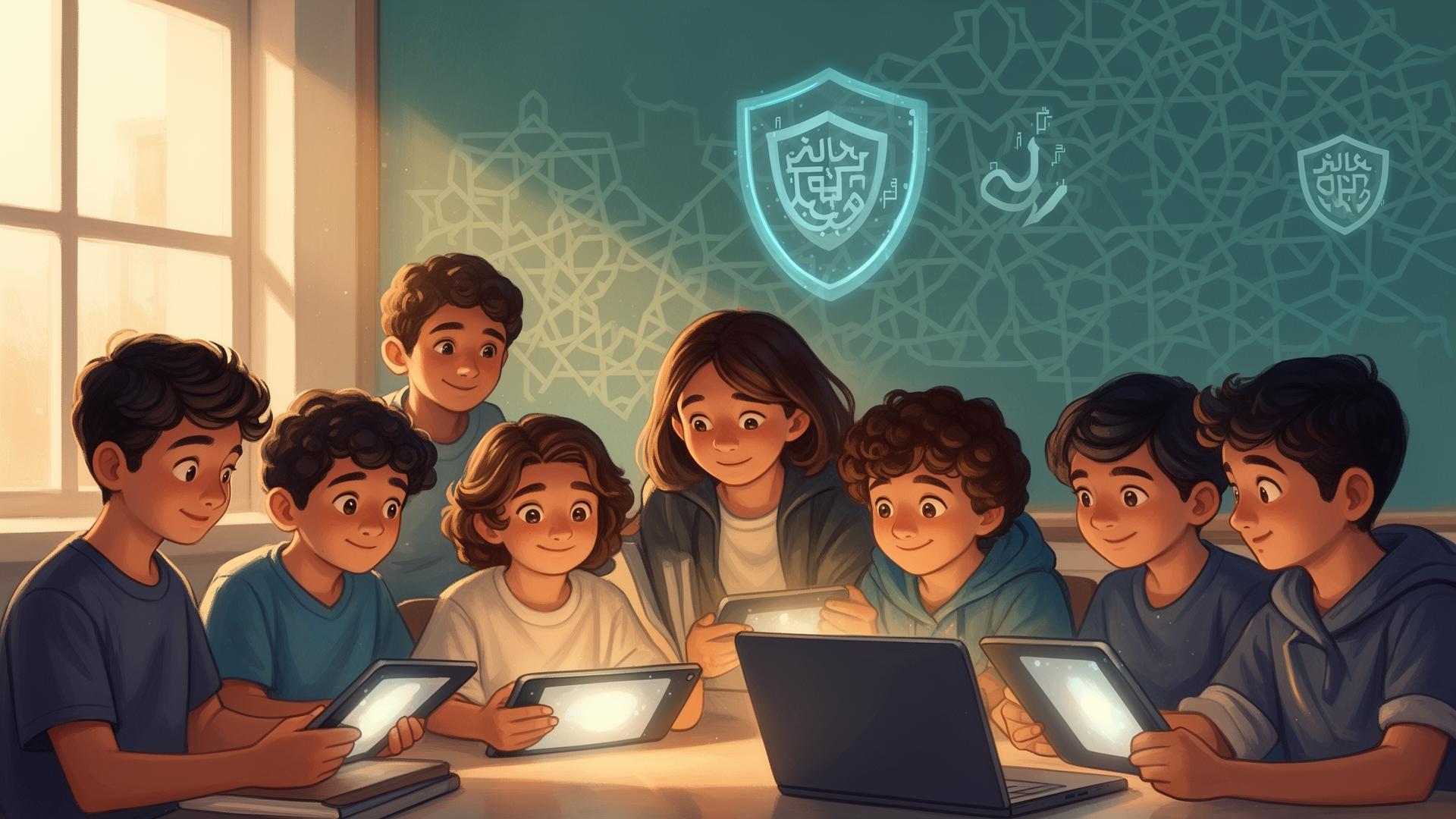 أطفال يتعلمون الأمن السيبراني في فصل عربي